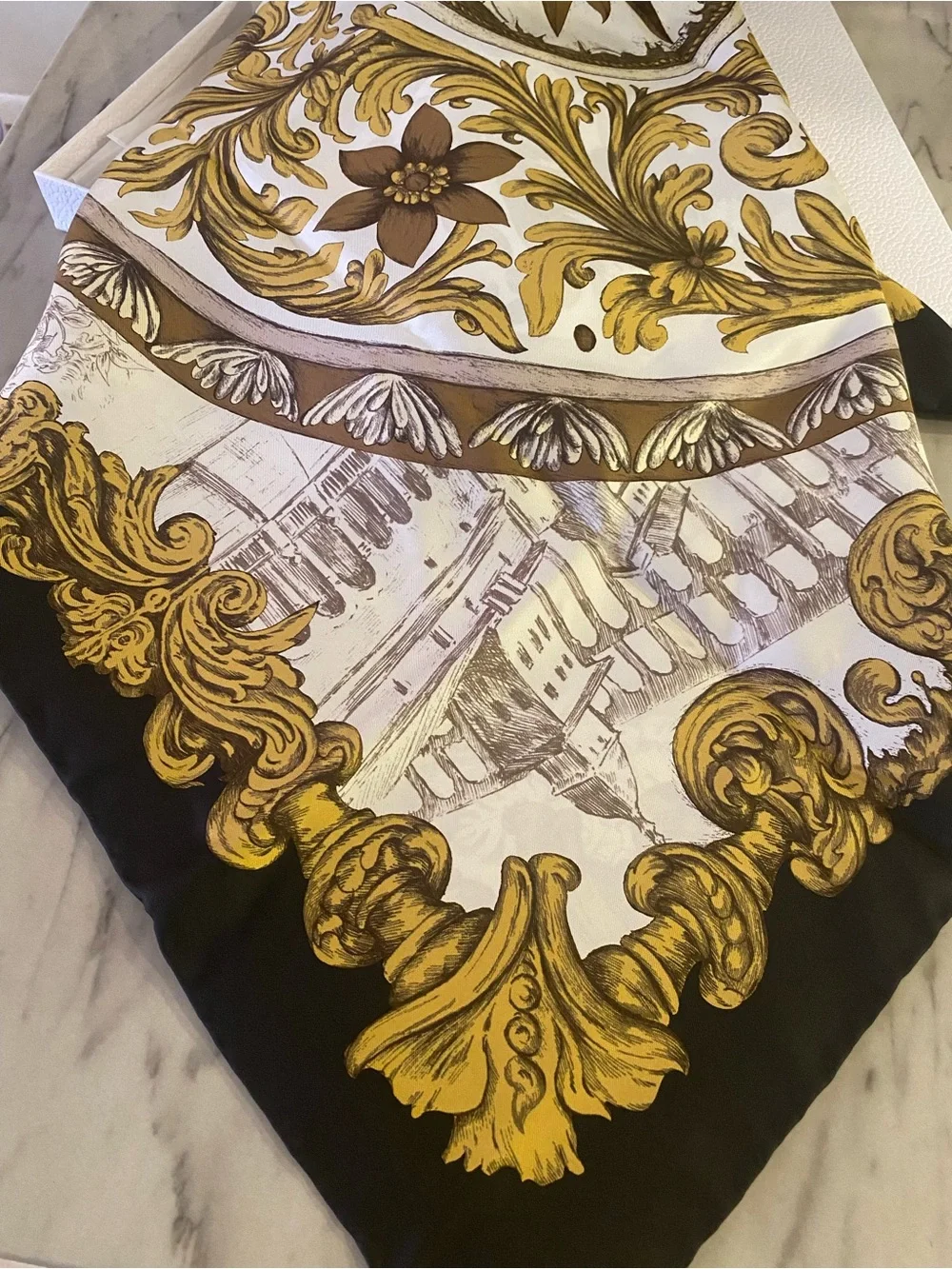 Dior Silk Scarf in Black and Gold Baroque Print